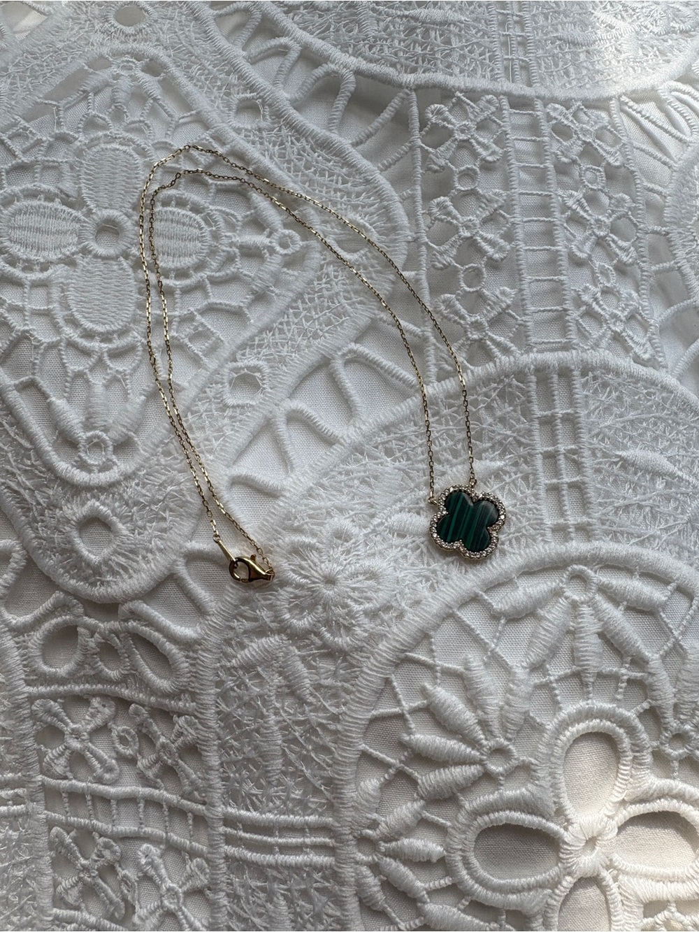 Gold Clover Pendant Necklace with Green Stone Accent